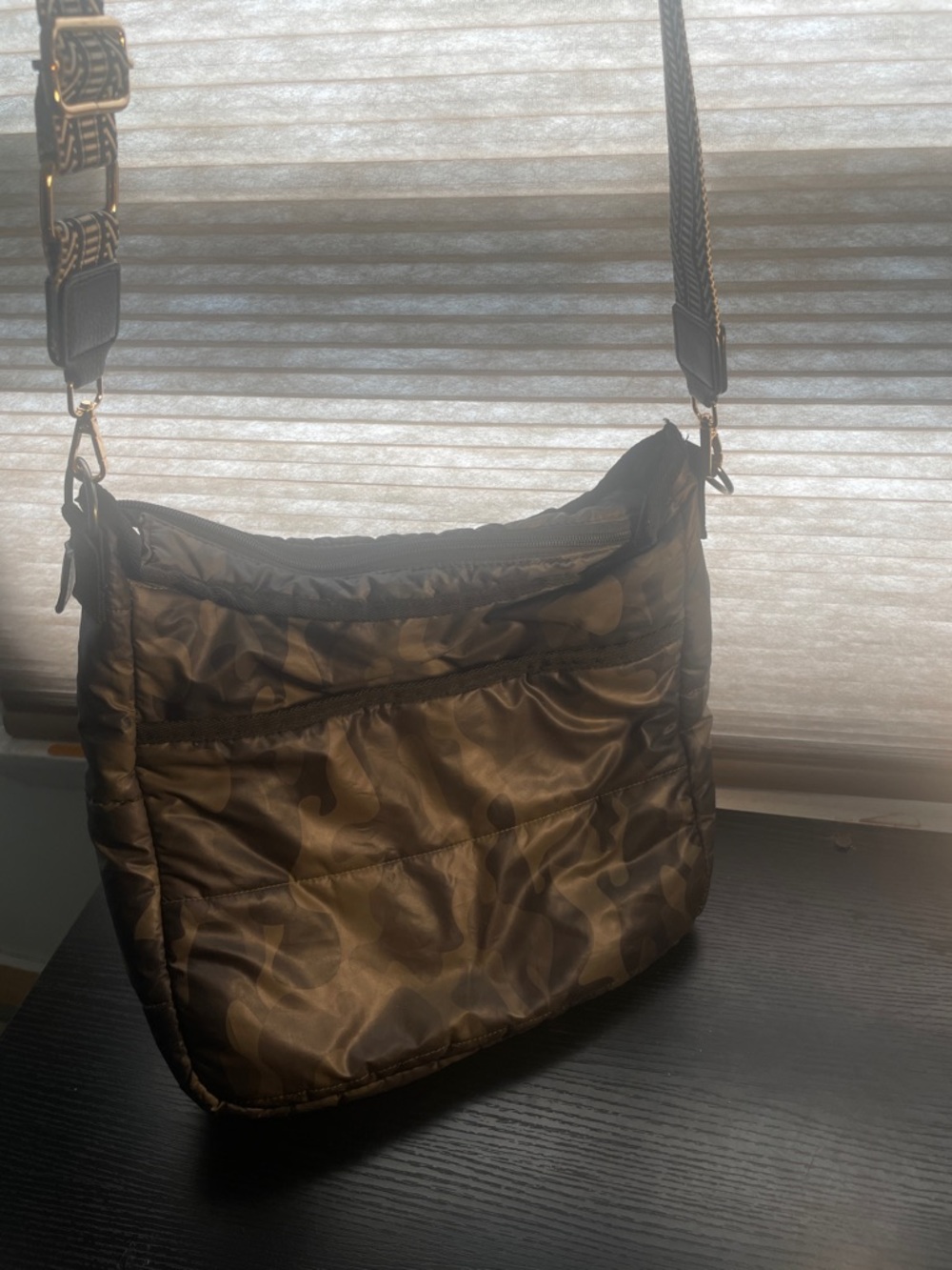 Haute Shore Nikki Sarg Puffer Camo Crossbody Bag with classic camouflage print.